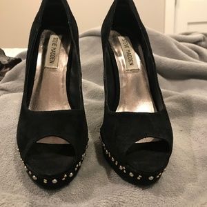 Women's Studded Black Suede Peeptoe Pumps